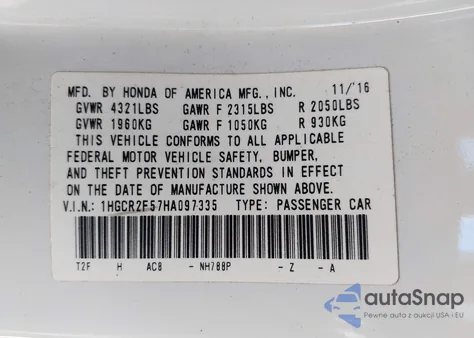 2017 Honda Accord Sport z USA, uszkodzony, nr VIN 1HGCR2F57HA097335